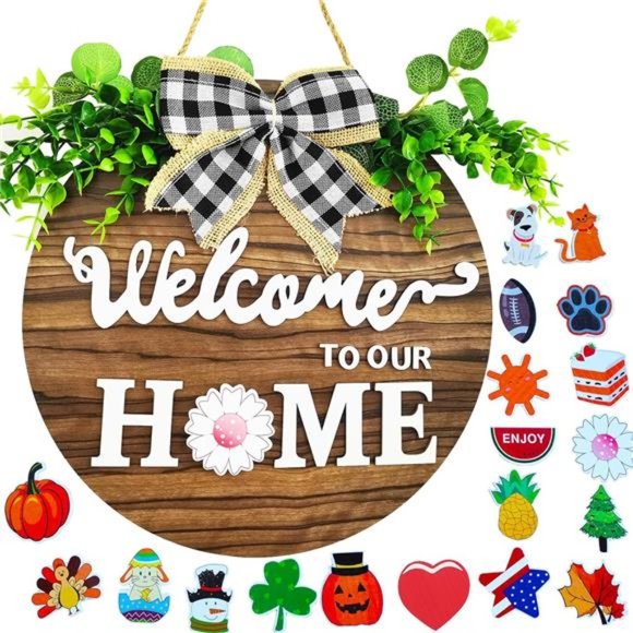 19 Icons Interchangeable Seasonal Welcome Sign Front Door Decoration, Rustic - Picture 1 of 7